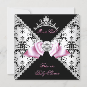 Convites Damasco Preto Laço Rosa Princesa Chuveiro de Bebê 