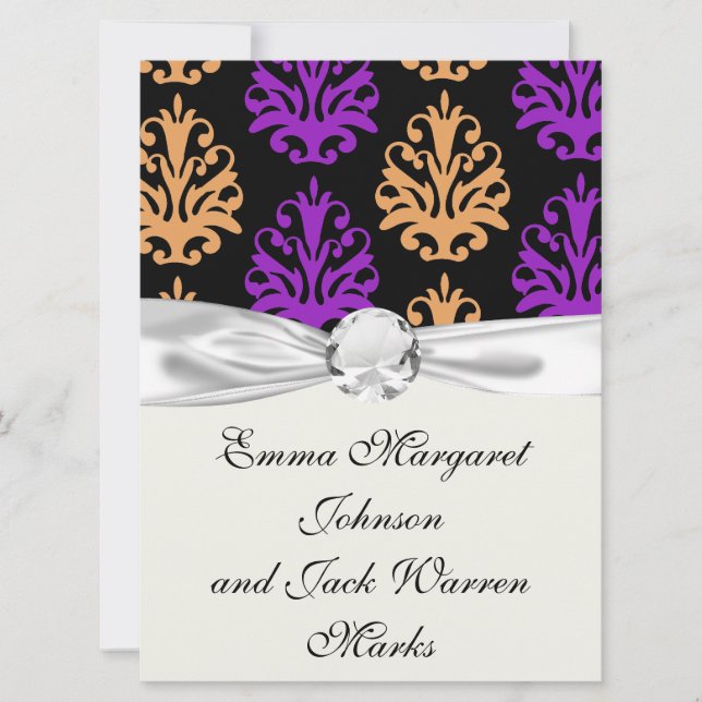 Convites damasco preto laranja roxo de halloween (Frente)