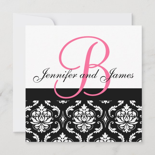 Convites Damasco Rosa Quente com Nomes de Monograma de Conv (Frente)