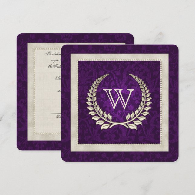 Convites Damasco roxo e Renovação do casamento Pearls (Frente/Verso)