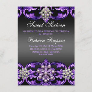 Convites Damasco Roxo/Preto e Pearl Sweet16 Invite