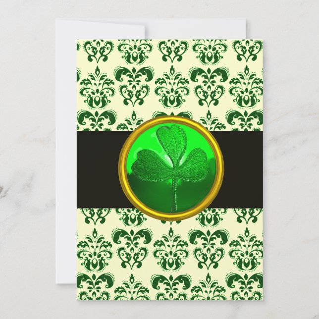 Convites DAMASCO VERDE BRANCO COM TREVO DE QUATRO FOLHAS Pr (Frente)