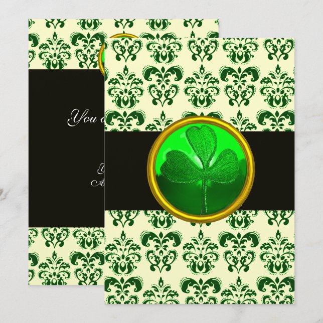 Convites DAMASCO VERDE BRANCO COM TREVO Preto Prata (Frente/Verso)
