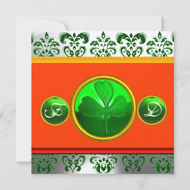 CONVITES DAMASCO VERDE BRANCO LARANJA , MONOGRAMA DE TREVO  (Frente)