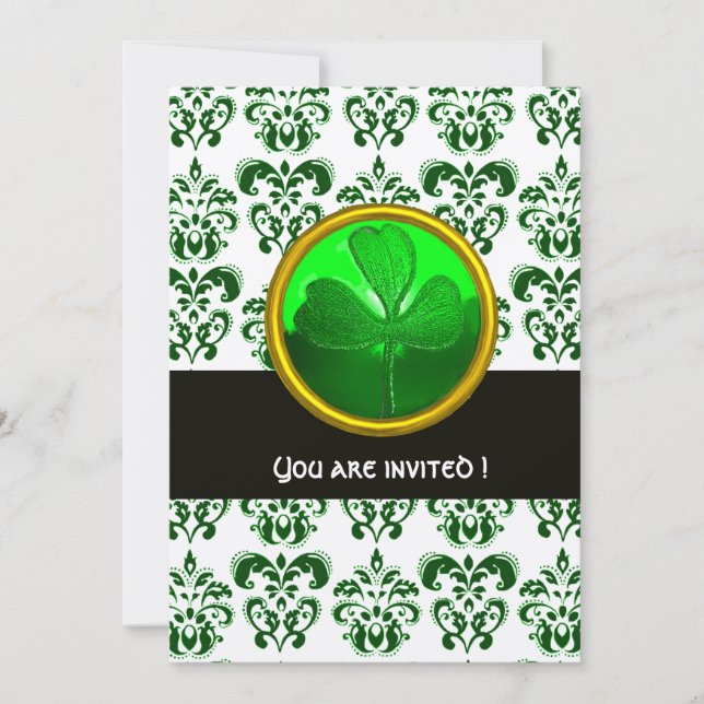 Convites DAMASCO VERDE LARANJA COM SHAMROCK Preto Branco (Frente)
