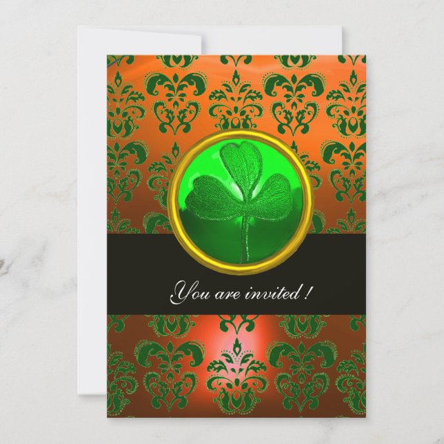 CONVITES DAMASCO VERDE LARANJA COM TREVO DE QUATRO FOLHAS,  (Frente)