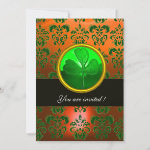 CONVITES DAMASCO VERDE LARANJA COM TREVO DE QUATRO FOLHAS,