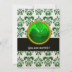 Convites DAMASCO VERDE LARANJA COM TREVO Preto Branco