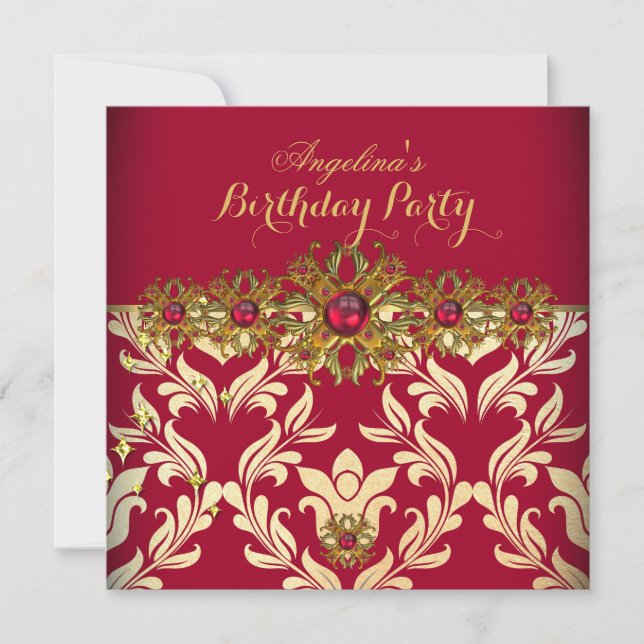 Convites Damasco Vermelho Dourado Festa de Aniversário Eleg (Frente)