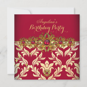 Convites Damasco Vermelho Dourado Festa de Aniversário Eleg