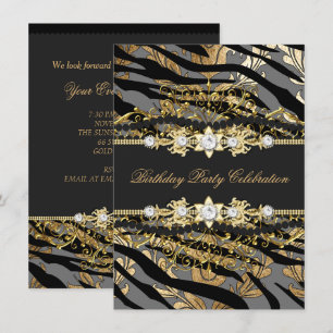 Convites Damasco Zebra Dourado Preto Folha Bege Elegante Fe