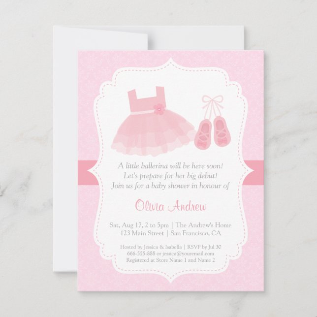 Convites Damask Ballerina Girl Baby Shower (Frente)
