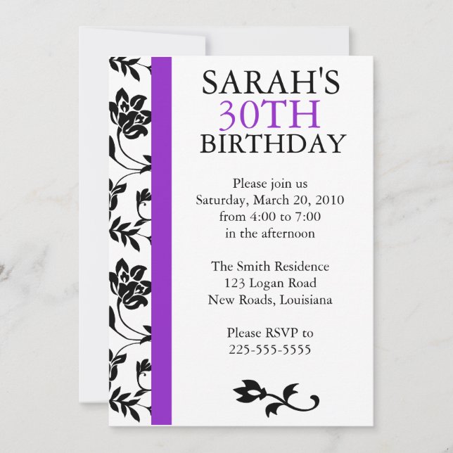 Convites Damask Birthday (Frente)