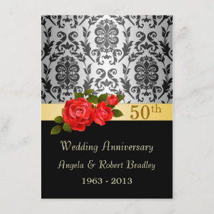 Convites Damask Black, rosa vermelha 50º Aniversário de Cas