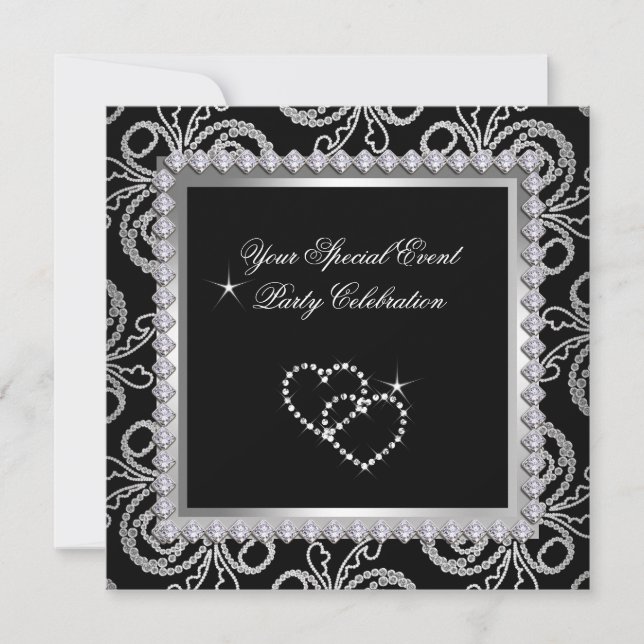 Convites Damask Black Silver Diamouros Heart Party (Frente)