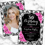 Convites Damask Black Silver Pink Foto 50th Birthday<br><div class="desc">Elegante convite floral feminino de 50 anos com sua foto no final do cartão. Design cor-de-rosa preto-claro com prata brilhante. Apresenta cor damasco preta e branca, rosas cor-de-rosa, fonte de script e confetti. Perfeito para uma festa de comemoração de na moda adulto. Personalize com seus próprios detalhes. Pode ser personalizado...</div>