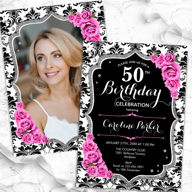 Convites Damask Black Silver Pink Foto 50th Birthday (Criador carregado)