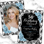 Convites Damask Black Silver Royal Blue Foto 50º aniversári<br><div class="desc">Elegante convite floral feminino de 50 anos com sua foto no final do cartão. Design azul poeirento branco preto brilhante com prata brilhante. Apresenta cor damasco preta e branca, rosas azuis claros, fonte de script e confetti. Perfeito para uma festa de comemoração de na moda adulto. Personalize com seus próprios...</div>