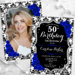 Convites Damask Black Silver Royal Blue Foto 50º aniversári<br><div class="desc">Elegante convite floral feminino de 50 anos com sua foto no final do cartão. Design azul real branco preto-claro com cinza azul escura. Apresenta cor damasco preta e branca, rosas azuis de safira, fonte de script e confetti. Perfeito para uma festa de comemoração de na moda adulto. Personalize com seus...</div>