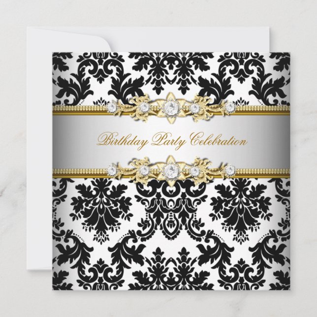 Convites Damask Black White, Dourado Festa Elegante de Prat (Frente)