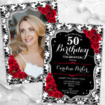 Convites Damask Black White Silver Red Foto 50th Birthday<br><div class="desc">Elegante convite floral feminino de 50 anos com sua foto no final do cartão. Design branco preto-claro-claro com prata brilhante. Apresenta cor damasco preta e branca, rosa vermelha, fonte de script e confetti. Perfeito para uma festa de comemoração de na moda adulto. Personalize com seus próprios detalhes. Pode ser personalizado...</div>