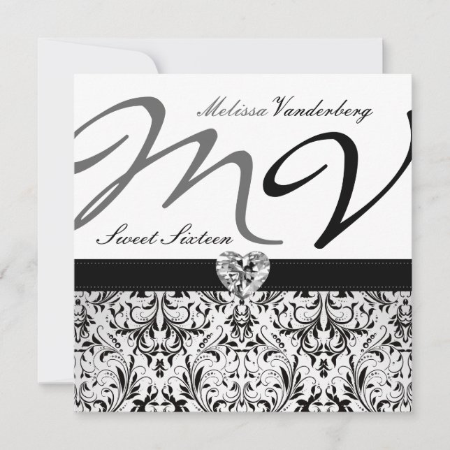 Convites Damask branco e preto elegante Doce Dezesseis (Frente)