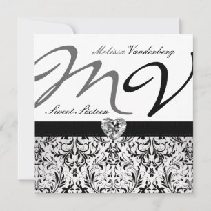 Convites Damask branco e preto elegante Doce Dezesseis