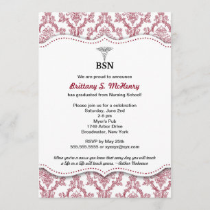 Convites Damask Burgundy Enfermeira graduação BSN RN