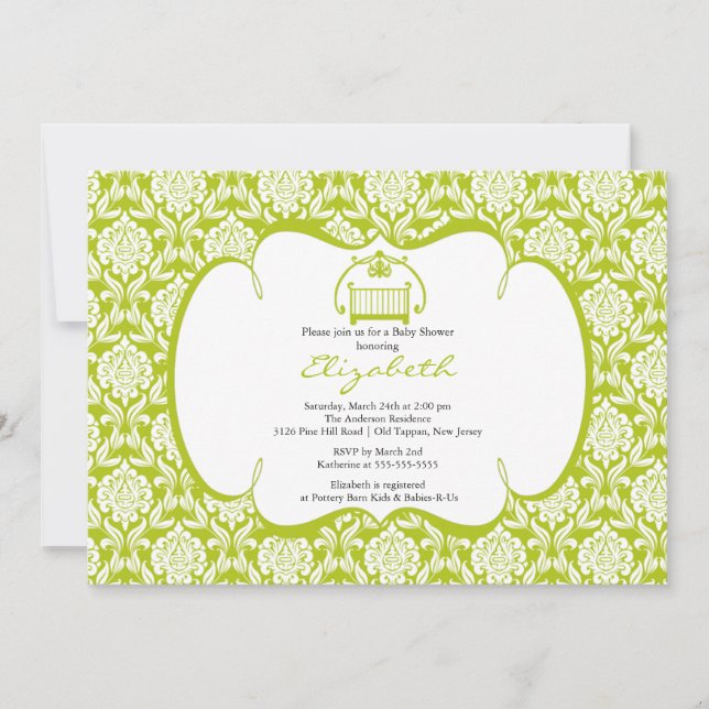 Convites Damask Chá de fraldas Convidando Garota Verde (Frente)