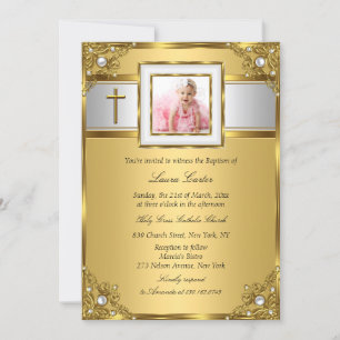 Convites Damask & Cross Dourado Photo Baptism/Christening