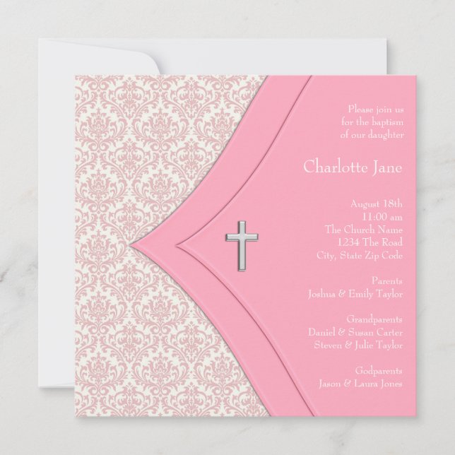 Convites Damask Cross Girl Rosa Baptism Christening (Frente)