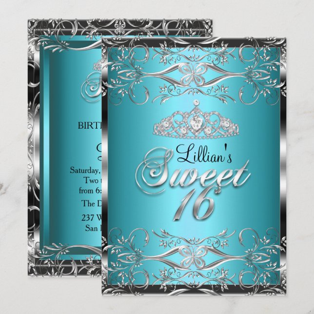 Convites Damask & Diamond Tiara Blue Silver Sweet 16 Invite (Frente/Verso)