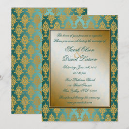 Convites Damask Dourado no Teal