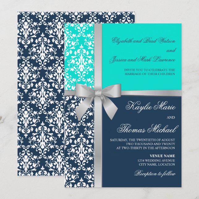 Convites Damask Faux Silver Ribbon Marinho Aqua Weding (Frente/Verso)