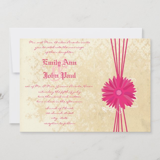 Convites Damask Fuchsia Gerber Daisy Weding Invitation (Frente)