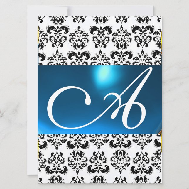 Convites DAMASK GEM MONOGRAM azul branco (Frente)
