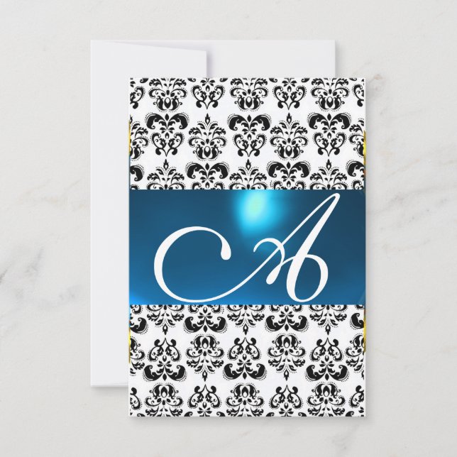 Convites DAMASK GEM MONOGRAM azul branco rsvp (Frente)