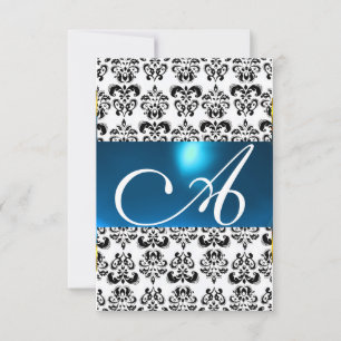 Convites DAMASK GEM MONOGRAM azul branco rsvp