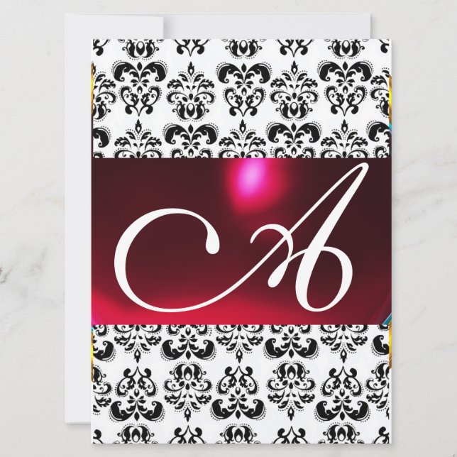Convites DAMASK GEM MONOGRAM vermelho burgundy branco (Frente)
