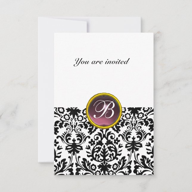 Convites DAMASK GEM STONE MONOGRAM branco roxo rsvp (Frente)