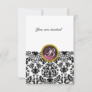 Convites DAMASK GEM STONE MONOGRAM branco roxo rsvp