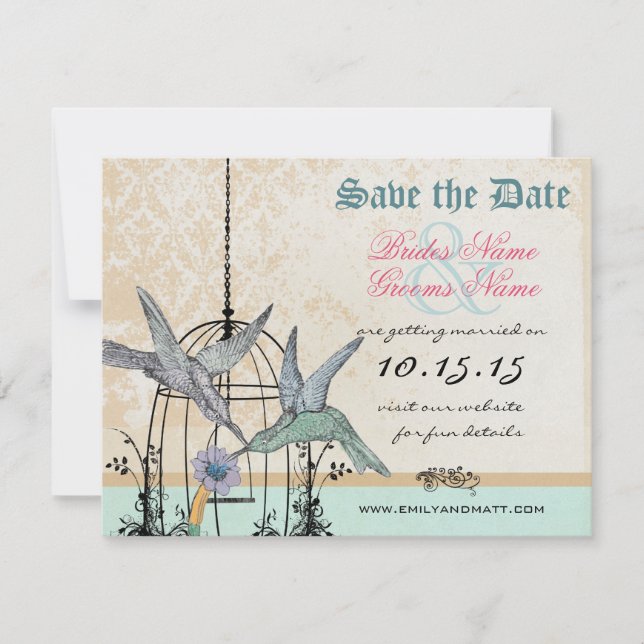 Convites Damask Hummingbird Casamento Salve a Data (Frente)