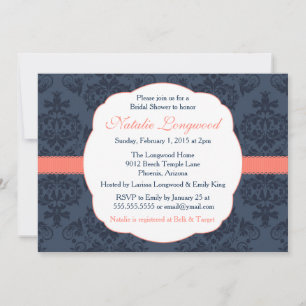 Convites Damask Invest Bridal, Chá de fraldas, marinho de c