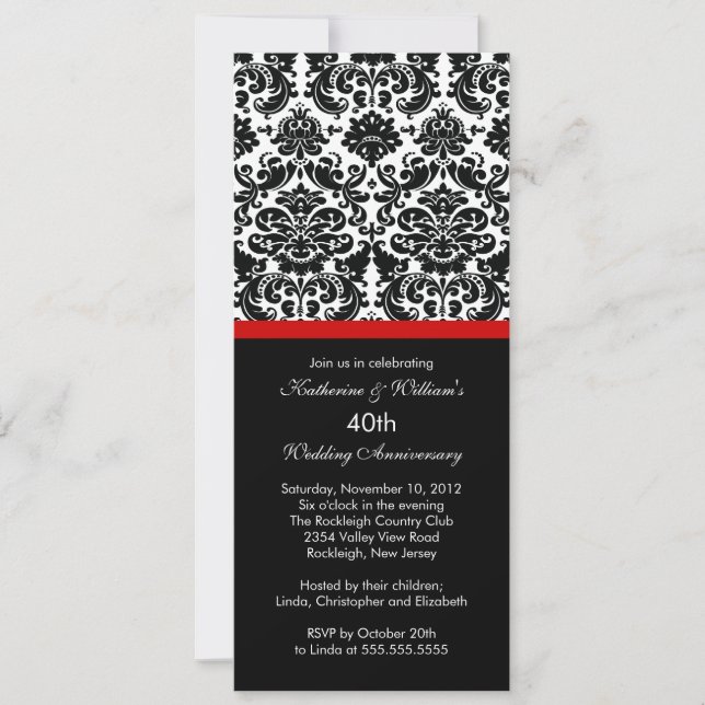 Convites Damask Invitation Red, 40 anos (Frente)