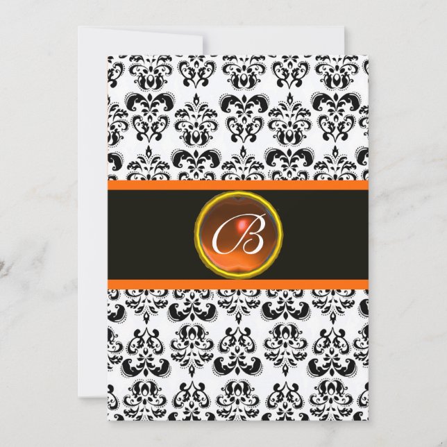 Convites DAMASK LARANJA ÁGATA MONOGRAMA, preto e branco (Frente)