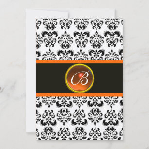Convites DAMASK LARANJA ÁGATA MONOGRAMA, preto e branco