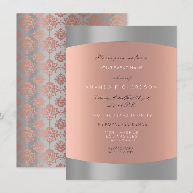 Convites Damask Minimal Cinza Rosa Dourado Elegante Real (Frente/Verso)