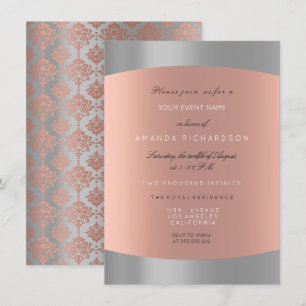 Convites Damask Minimal Cinza Rosa Dourado Elegante Real