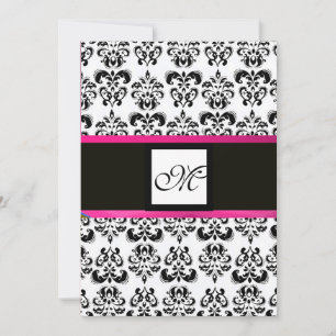 Convites DAMASK MONOGRAM, preto branco, fúcsia rosa violeta