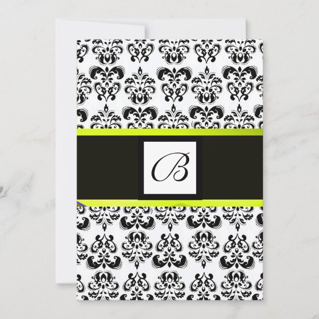 Convites DAMASK MONOGRAM,preto e branco,amarelo (Frente)